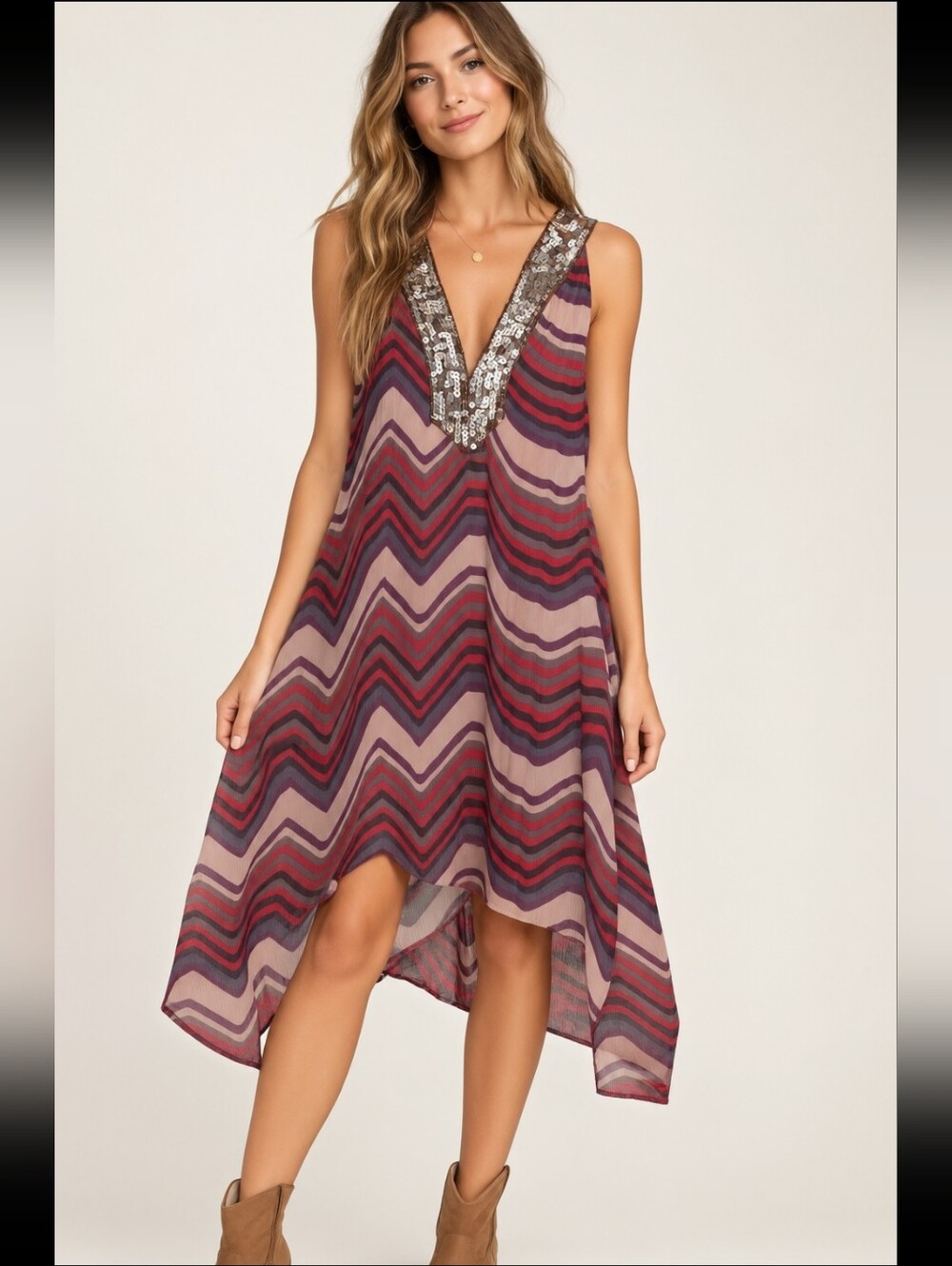 Free People Burgundy Chevron High-Low Midi Dress with Embellished V-Neck